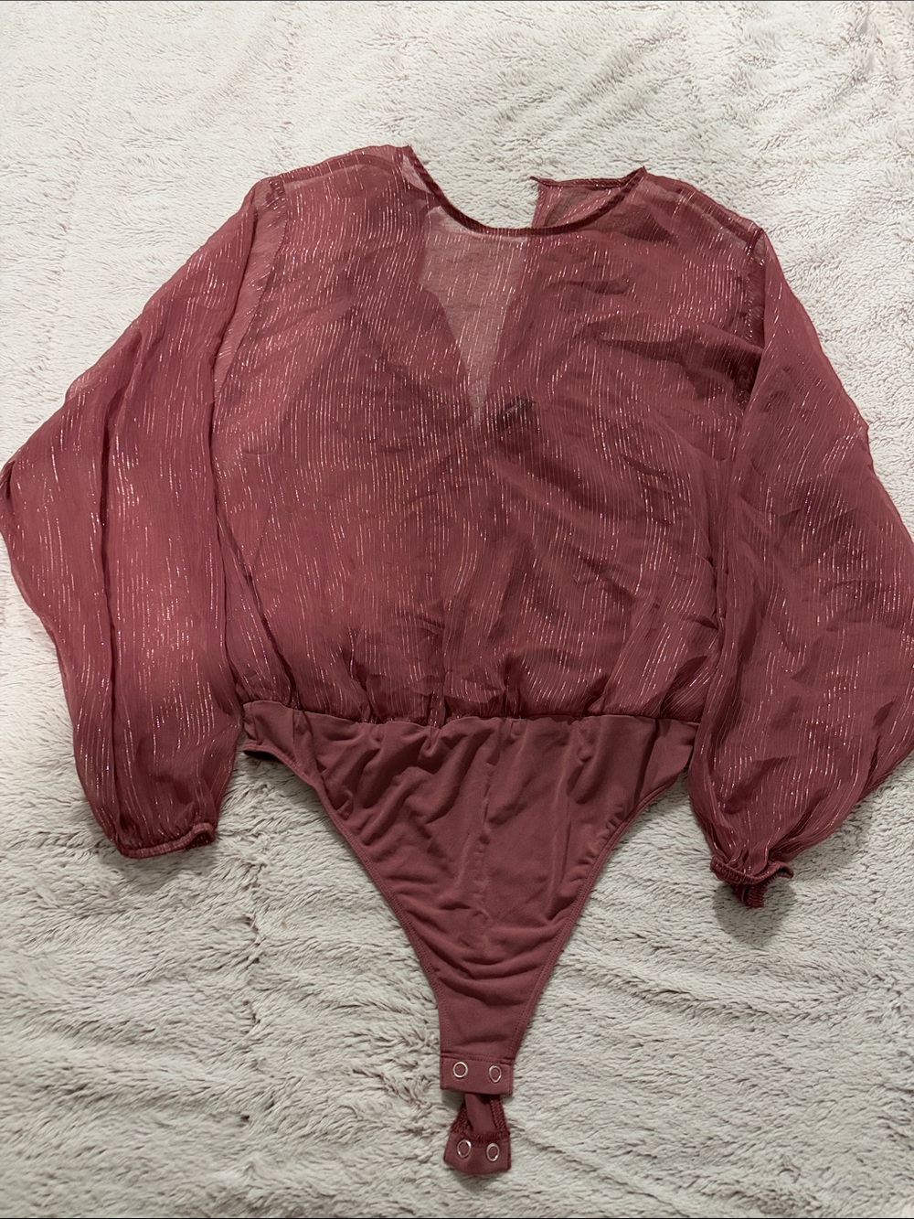 Express Metallic-Thread Sheer Long-Sleeve Bodysuit in Rose